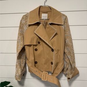 Avec Les Filles Tan Trench Jacket with Crochet Lace Sleeves Size L